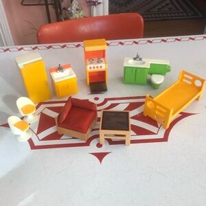 9 Piece Set of Vintage Fisher Price and Tomy (Japan) Dollhouse Furniture
